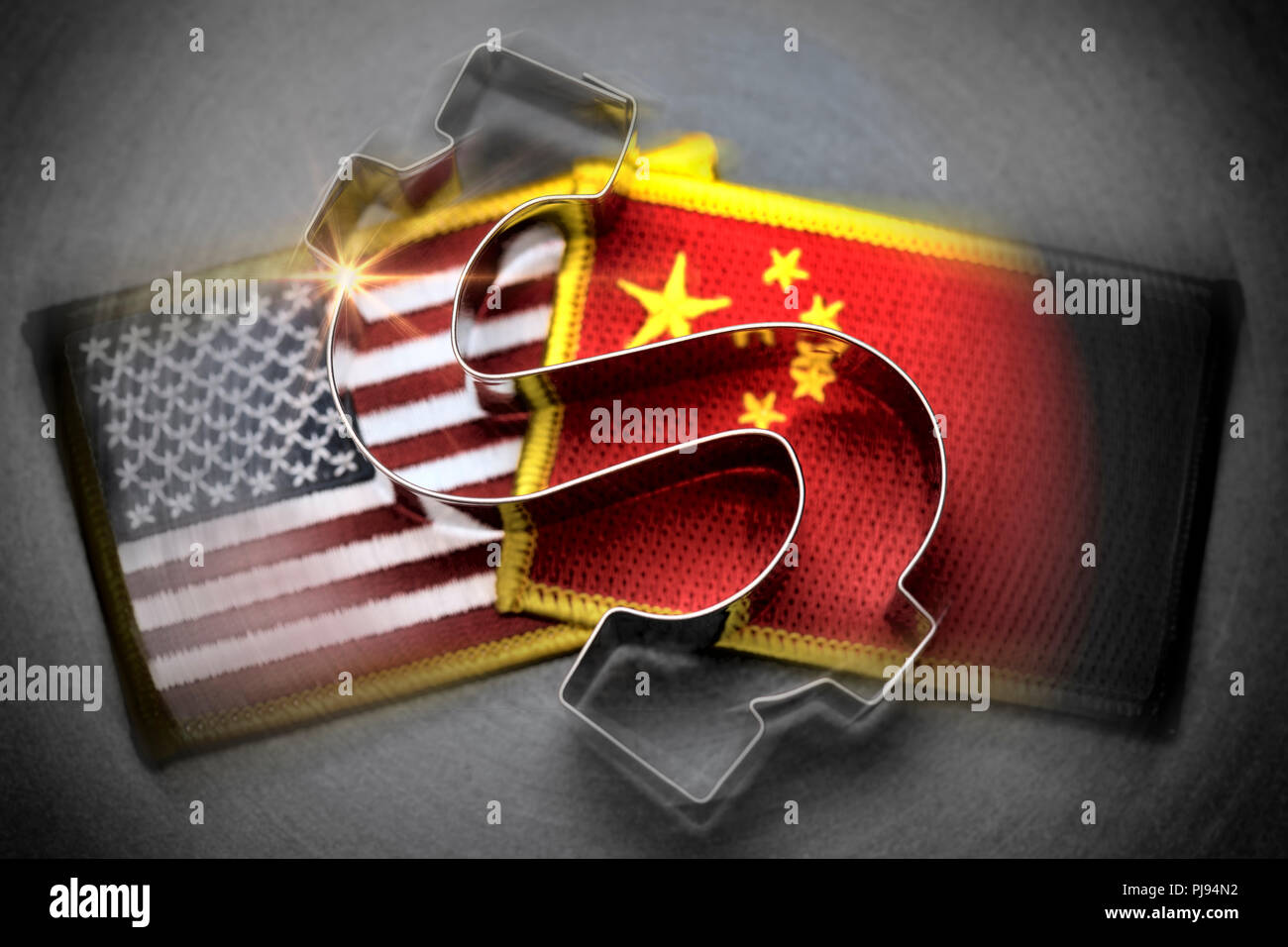 Dollar signs on the flags of the USA and China, commercial war, Dollarzeichen auf den Fahnen von USA und China, Handelskrieg Stock Photo