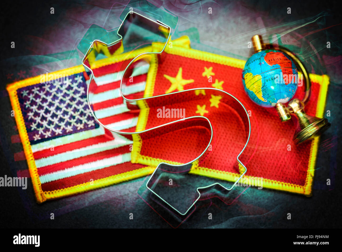 Dollar signs on the flags of the USA and China with globe, commercial war, Dollarzeichen auf den Fahnen von USA und China mit Globus, Handelskrieg Stock Photo