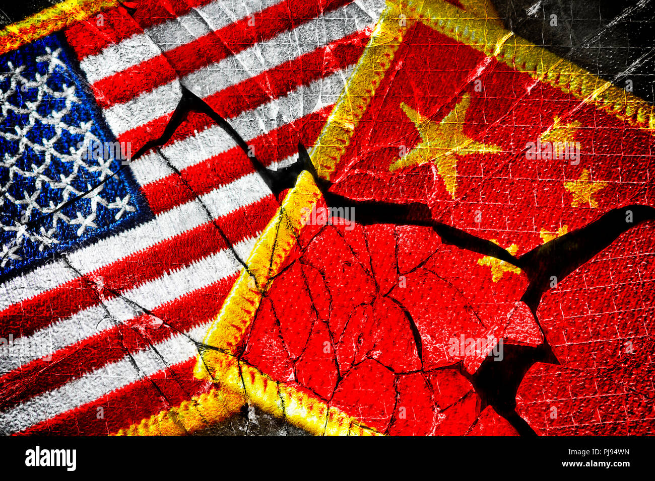 Flags of the USA and China on broken glass, commercial war, Fahnen von USA und China auf gebrochenem Glas, Handelskrieg Stock Photo
