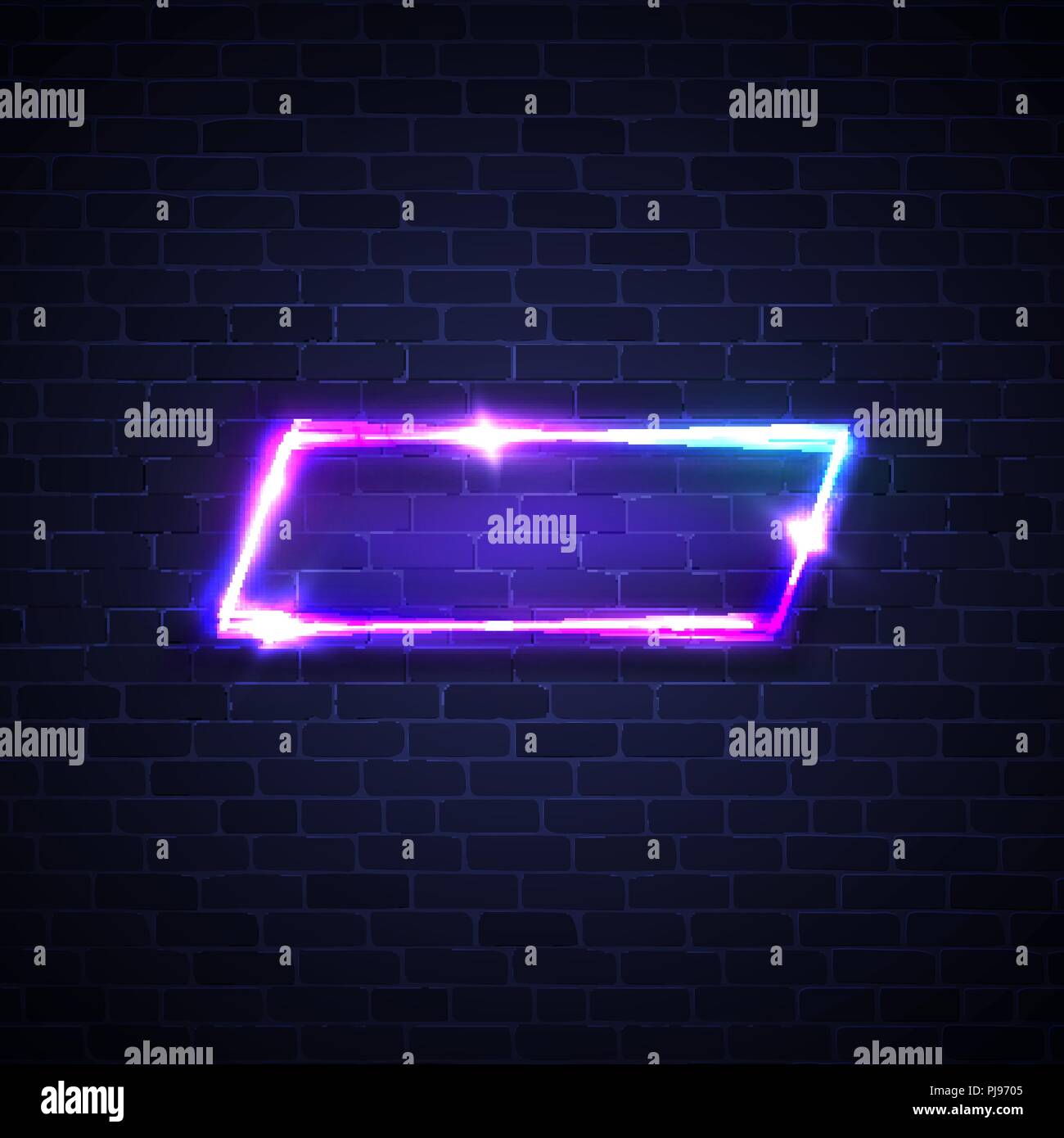 Neon square. Vibrant glowing frame with light blue and purple color with empty space for text on brick background. Abstract neon electric tube with transparency. Bright vector illustration for banner. Stock Vector