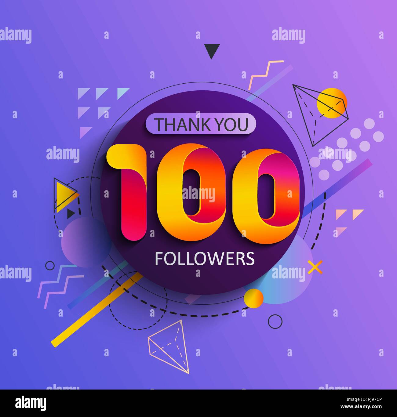Thanks for the first 100 followers. Thank you followers congratulation card. Vector illustration for Social Networks. Web user or blogger celebrates and tweets a large number of subscribers. Stock Vector