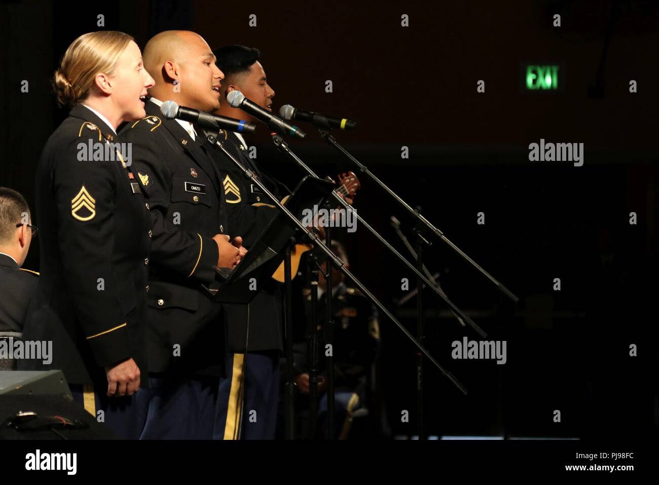 Na Koa, the 111th Army Band Combo perform a handful of selected songs during the joint concert of the 111th Army Band and the 234th Army Band at Astoria High School in Astoria, Oregon, July 7, 2018. The concert is the second collaboration between the 111th Army Band and the 234th Army Band with efforts to display the results of their training in a live setting. Stock Photo