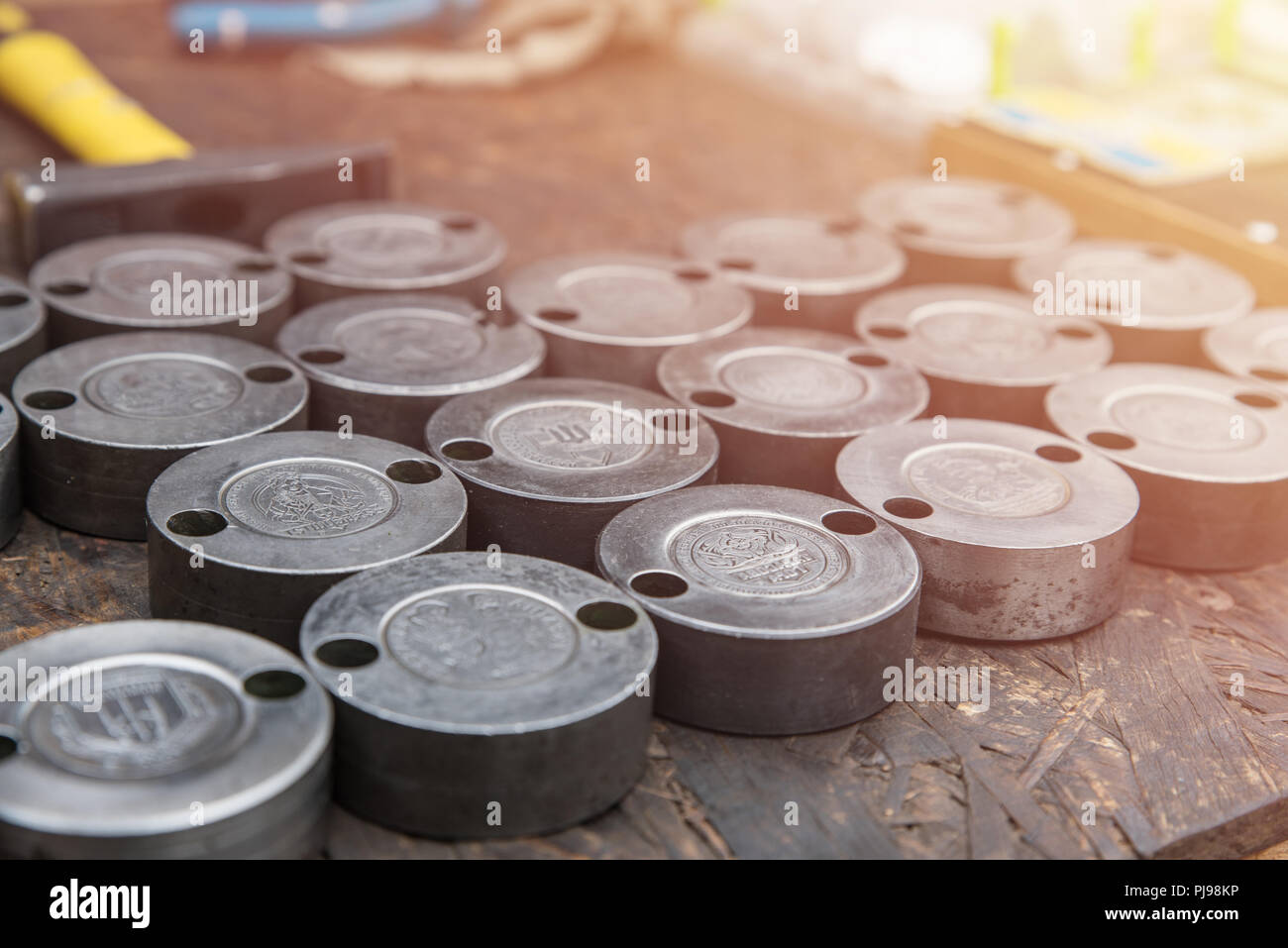 Steel cliche for creating souvenir coins. Tool for creating coins by embossing, hobby Stock