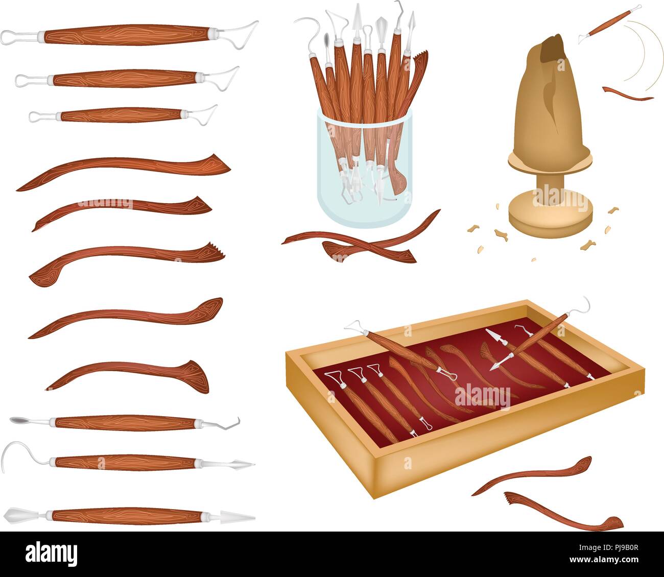 Illustration Collection of Sculpting Tools Used To Cut and Sculpt The Clay for Create A Sculpture Isolated on White Background. Stock Vector