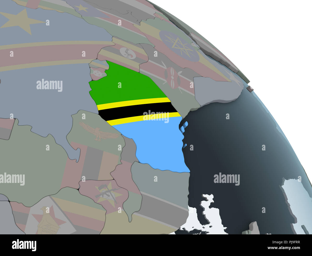 Tanzania on political globe with embedded flag. 3D illustration Stock ...