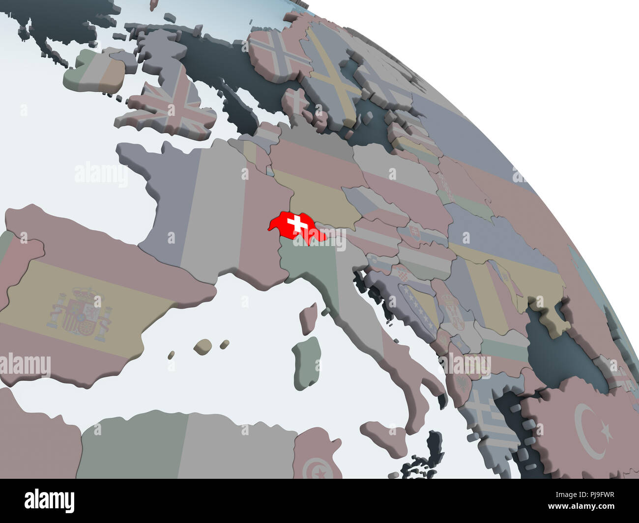 Switzerland on political globe with embedded flag. 3D illustration ...