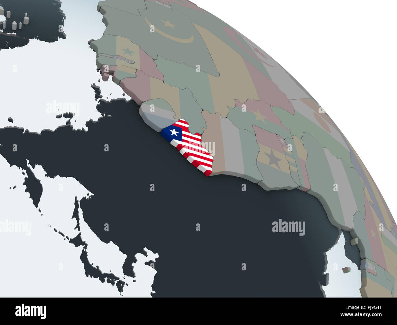 Liberia on political globe with embedded flag. 3D illustration Stock ...