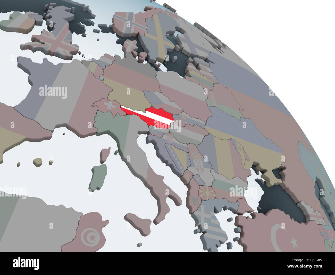 Austria on political globe with embedded flag. 3D illustration Stock ...