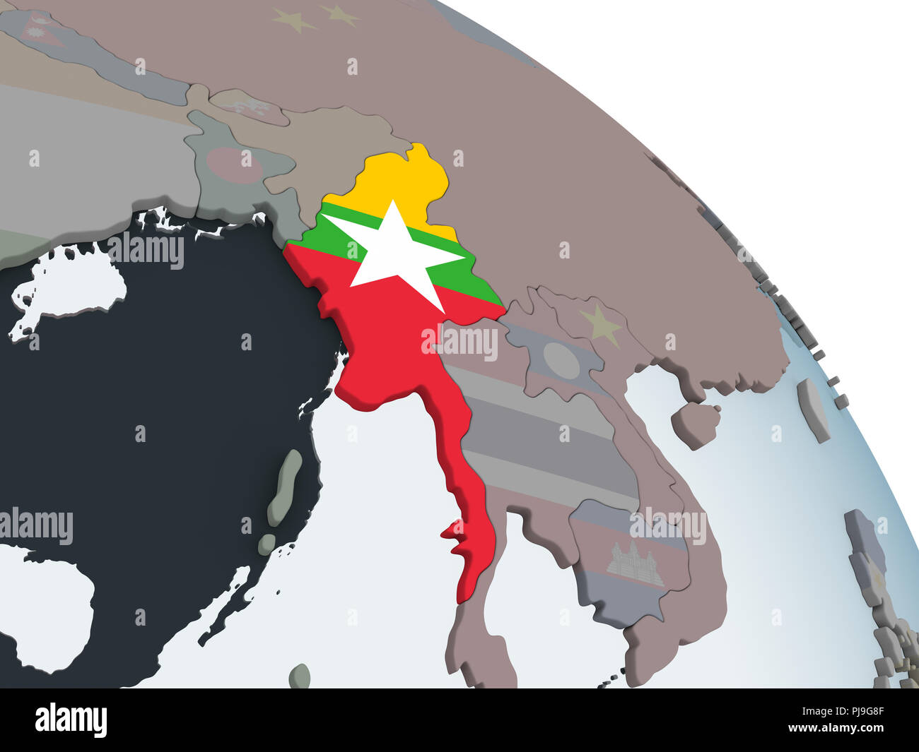 Myanmar on political globe with embedded flag. 3D illustration Stock ...