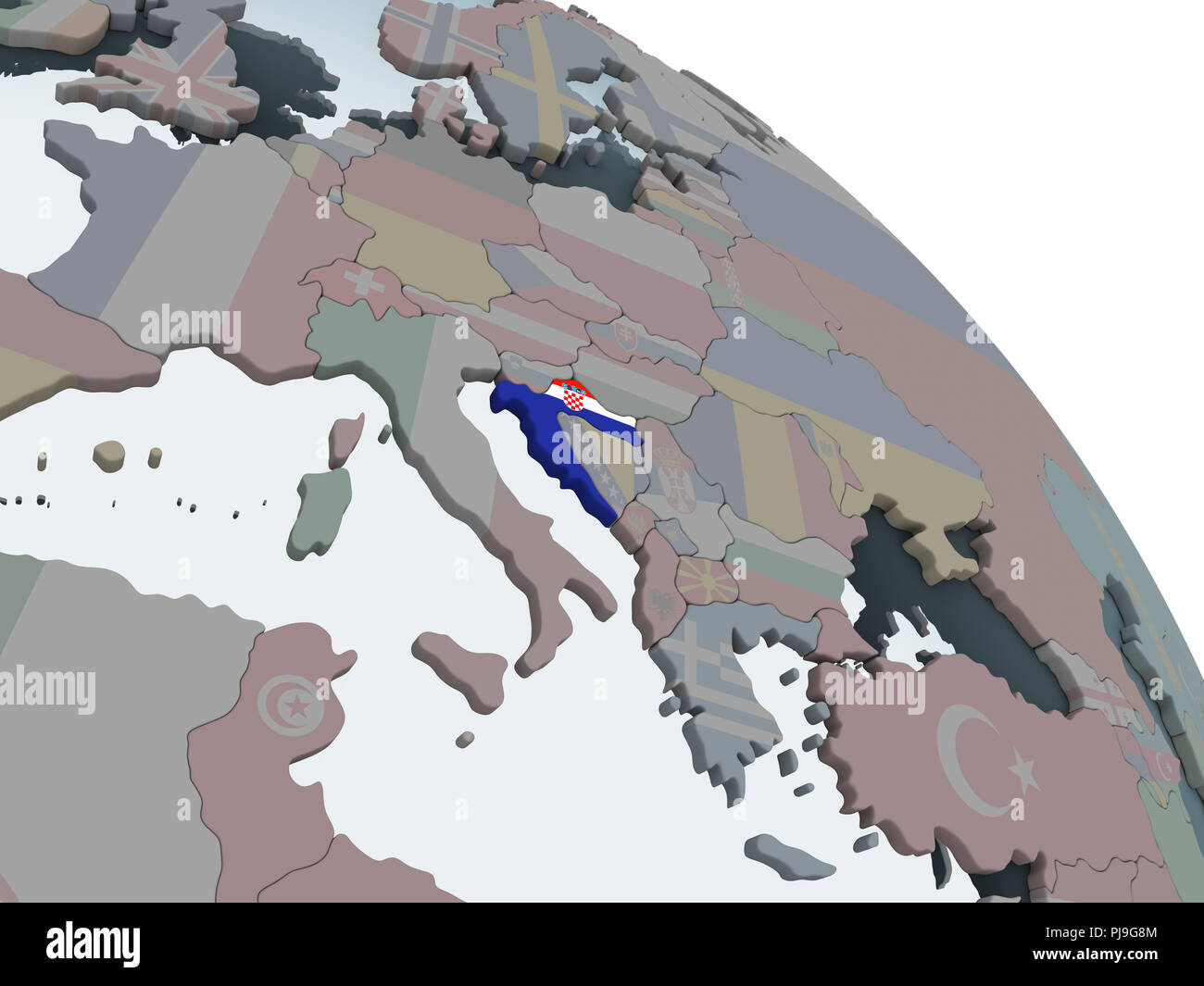 Croatia on political globe with embedded flag. 3D illustration Stock ...