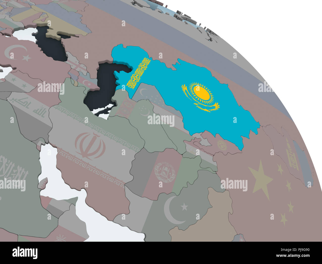 Kazakhstan on political globe with embedded flag. 3D illustration Stock ...