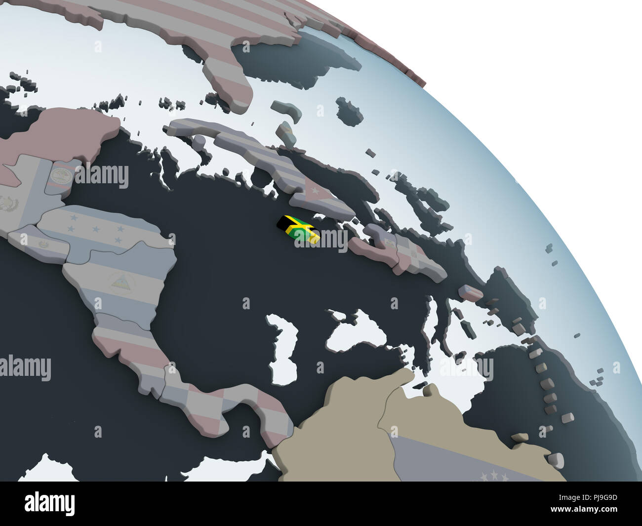 Jamaica on political globe with embedded flag. 3D illustration Stock ...
