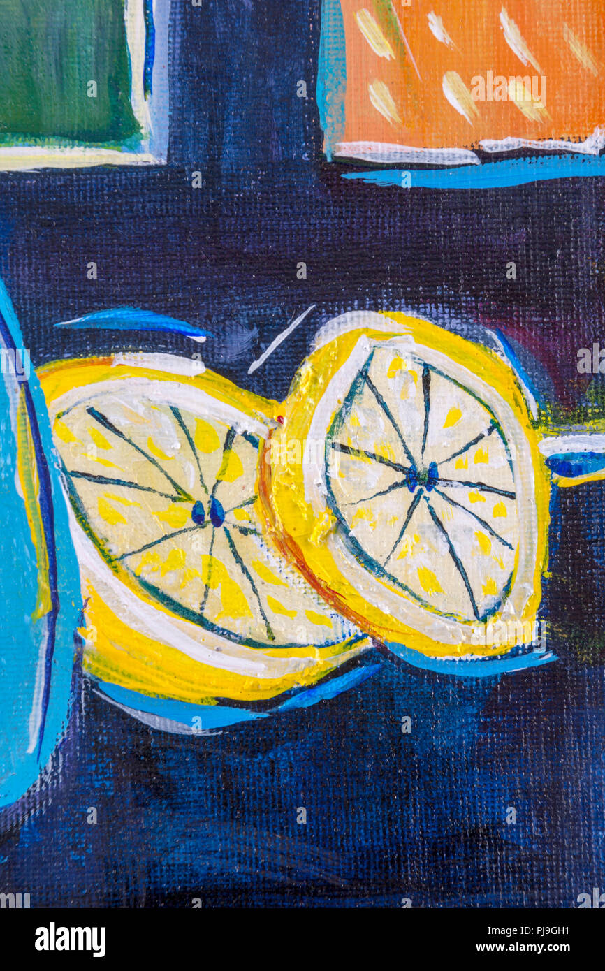 Details of acrylic paintings showing colour, textures and techniques. Expressionistic lemon slices on a worktop. Stock Photo