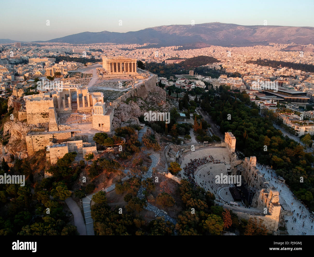 Aerial Of The Acropolis, And Ancient Amphitheater, Odeon Of Herodes ...