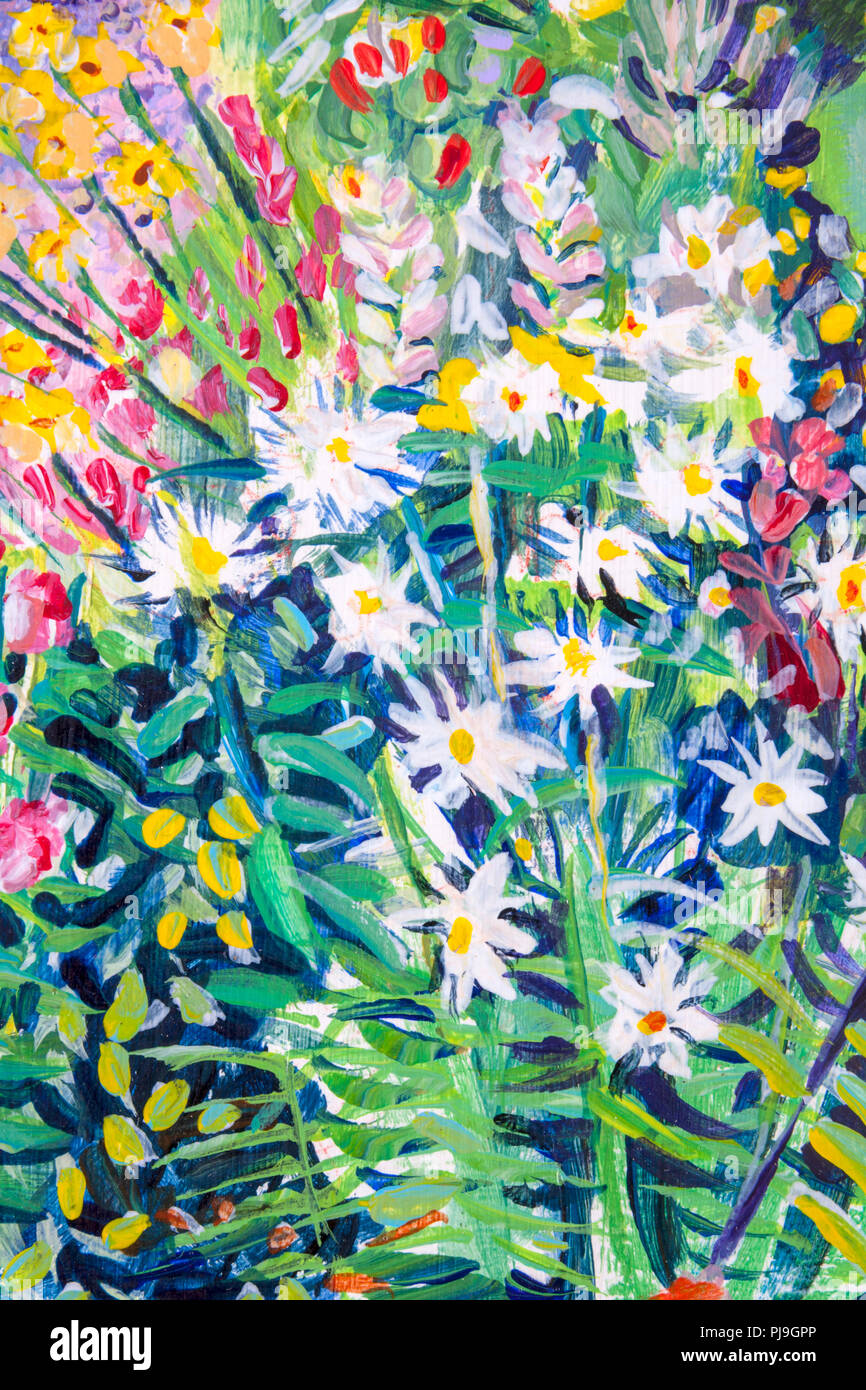 Details of acrylic paintings showing colour, textures and techniques. Summer cottage garden flower border. Stock Photo