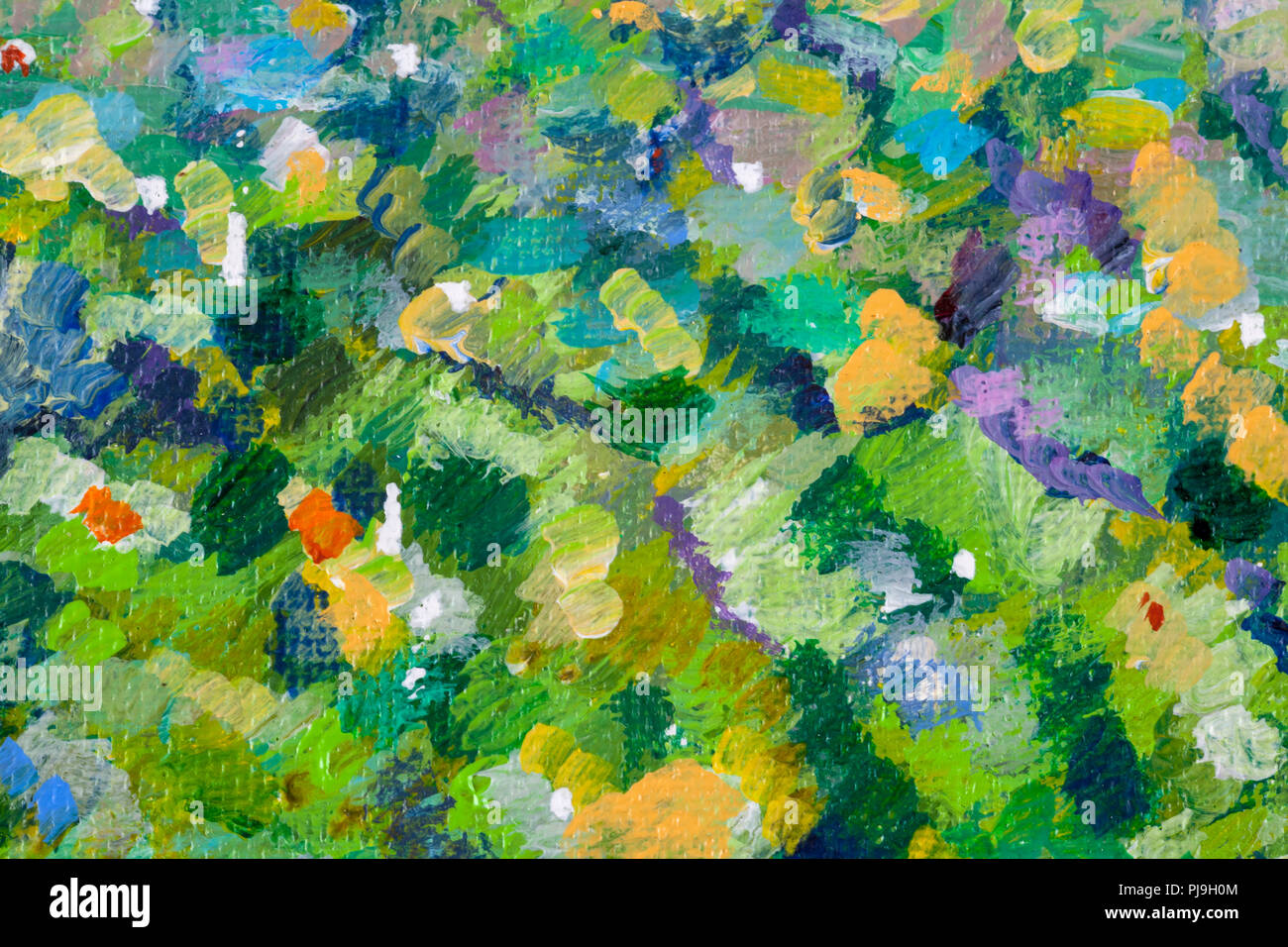Details of acrylic paintings showing colour, textures and techniques.  Expressionistic woodland trees. Stock Photo