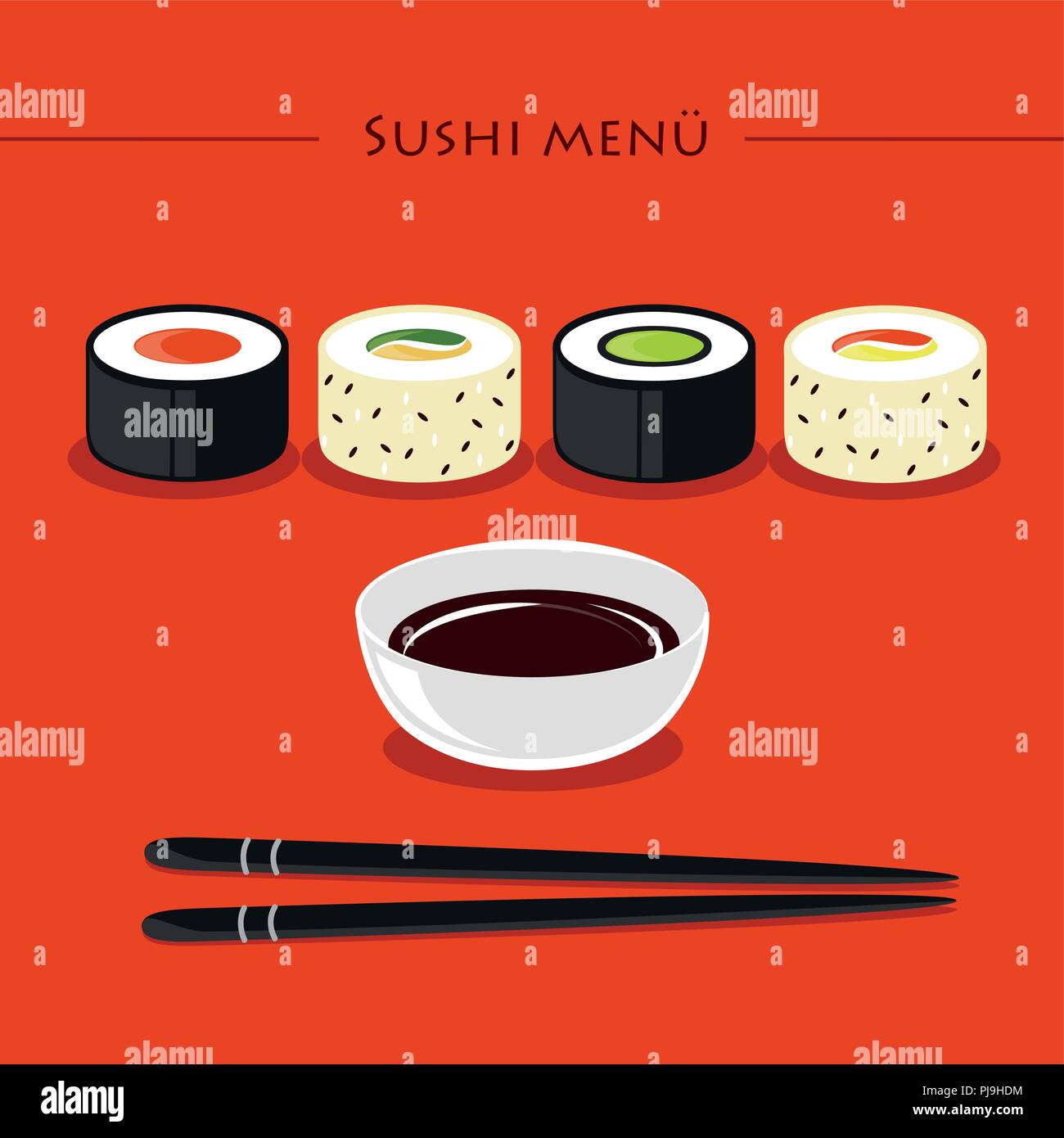 Colorful sushi set of different types chopsticks with soy sauce on orange background vector illustration EPS10 Stock Vector