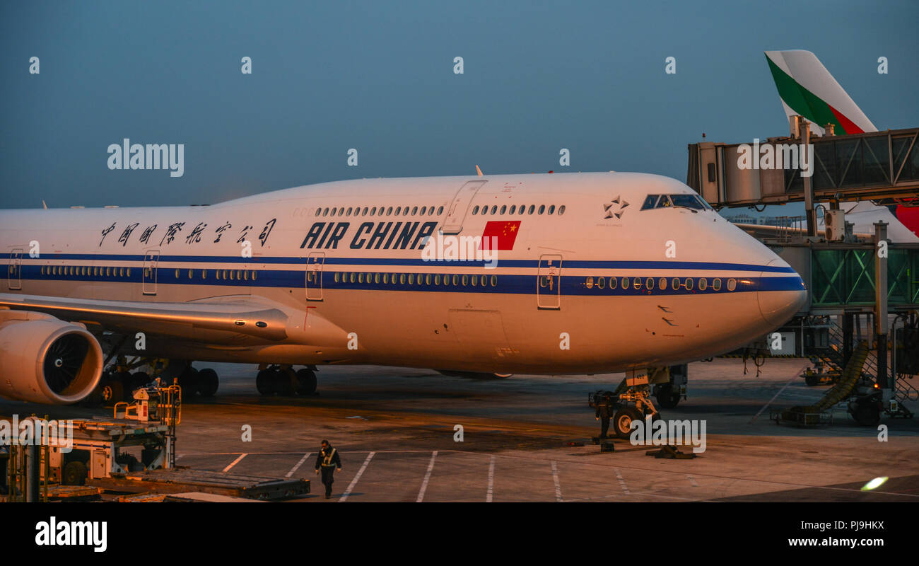 Beijing, China - Feb 28, 2018. A Boeing 747-8 airplane of Air China docking at Beijing Capital International Airport (PEK). Stock Photo