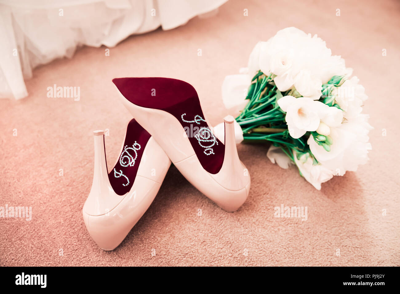 I Do Wedding Shoes Stickers on High Heels Stock Photo