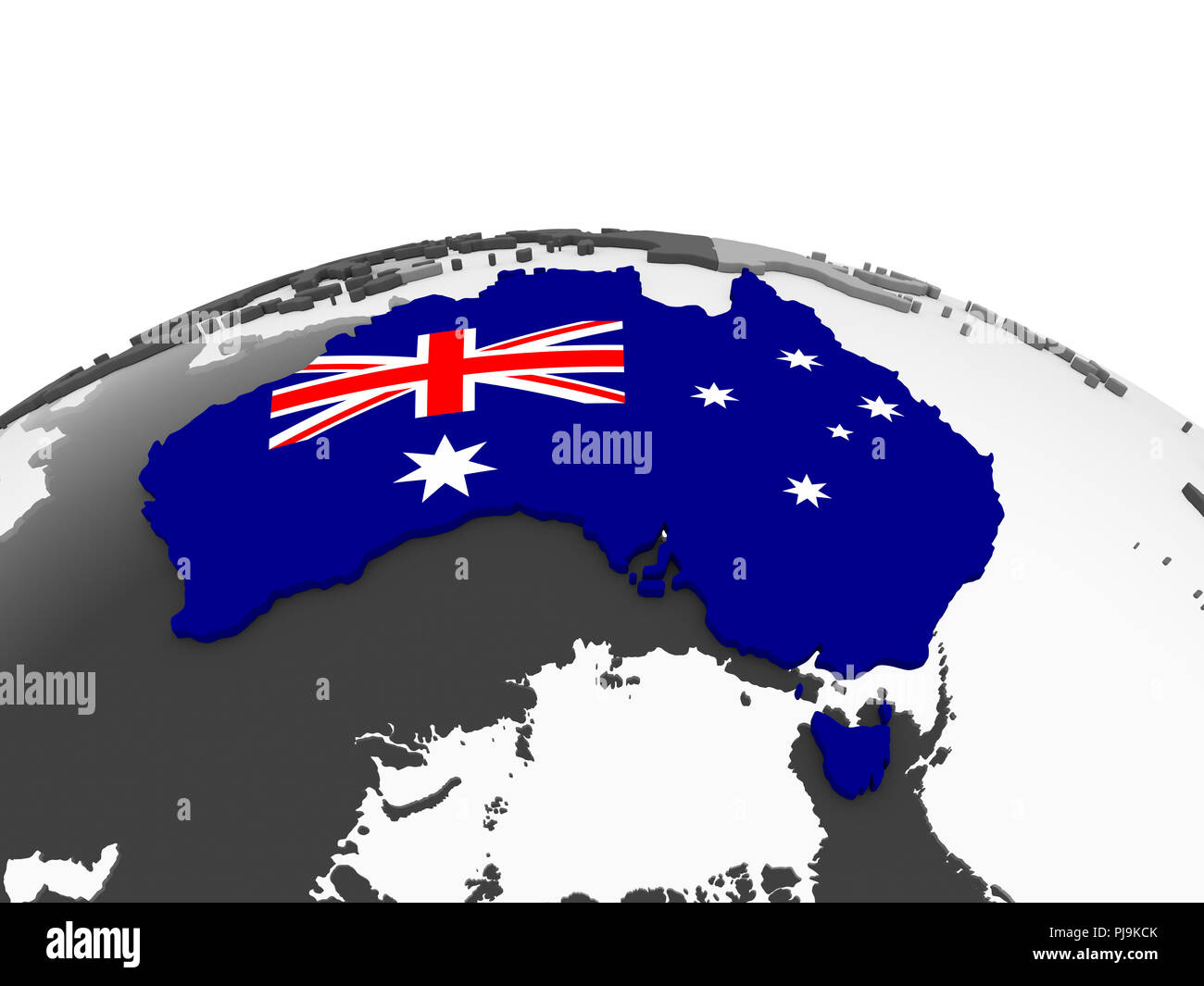 Australia on gray political globe with embedded flag. 3D illustration ...