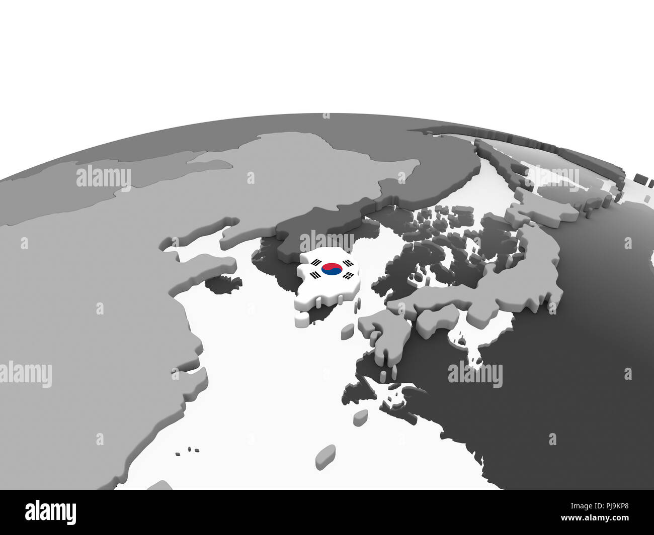 South Korea on gray political globe with embedded flag. 3D illustration ...