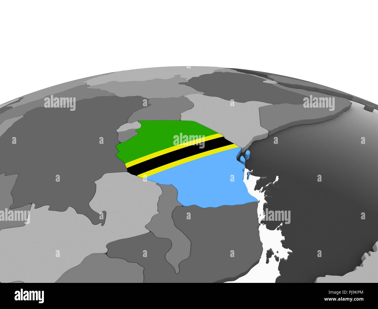 Tanzania on gray political globe with embedded flag. 3D illustration ...