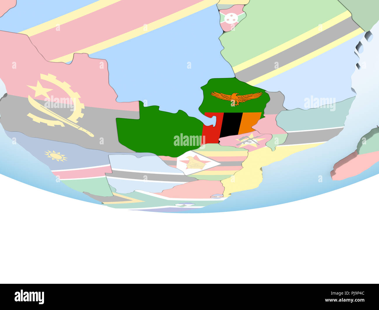 Zambia on bright political globe with embedded flag. 3D illustration ...