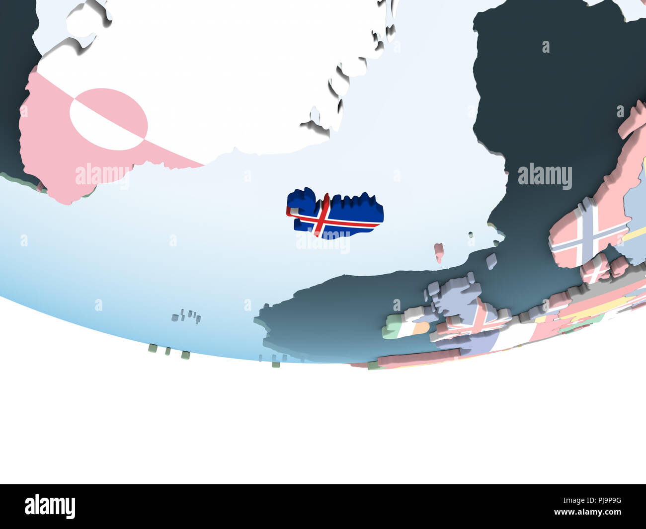 Iceland on bright political globe with embedded flag. 3D illustration ...