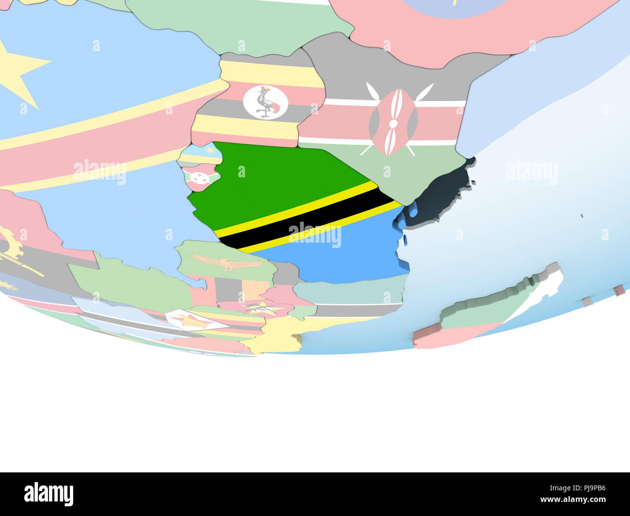 Tanzania on bright political globe with embedded flag. 3D illustration ...