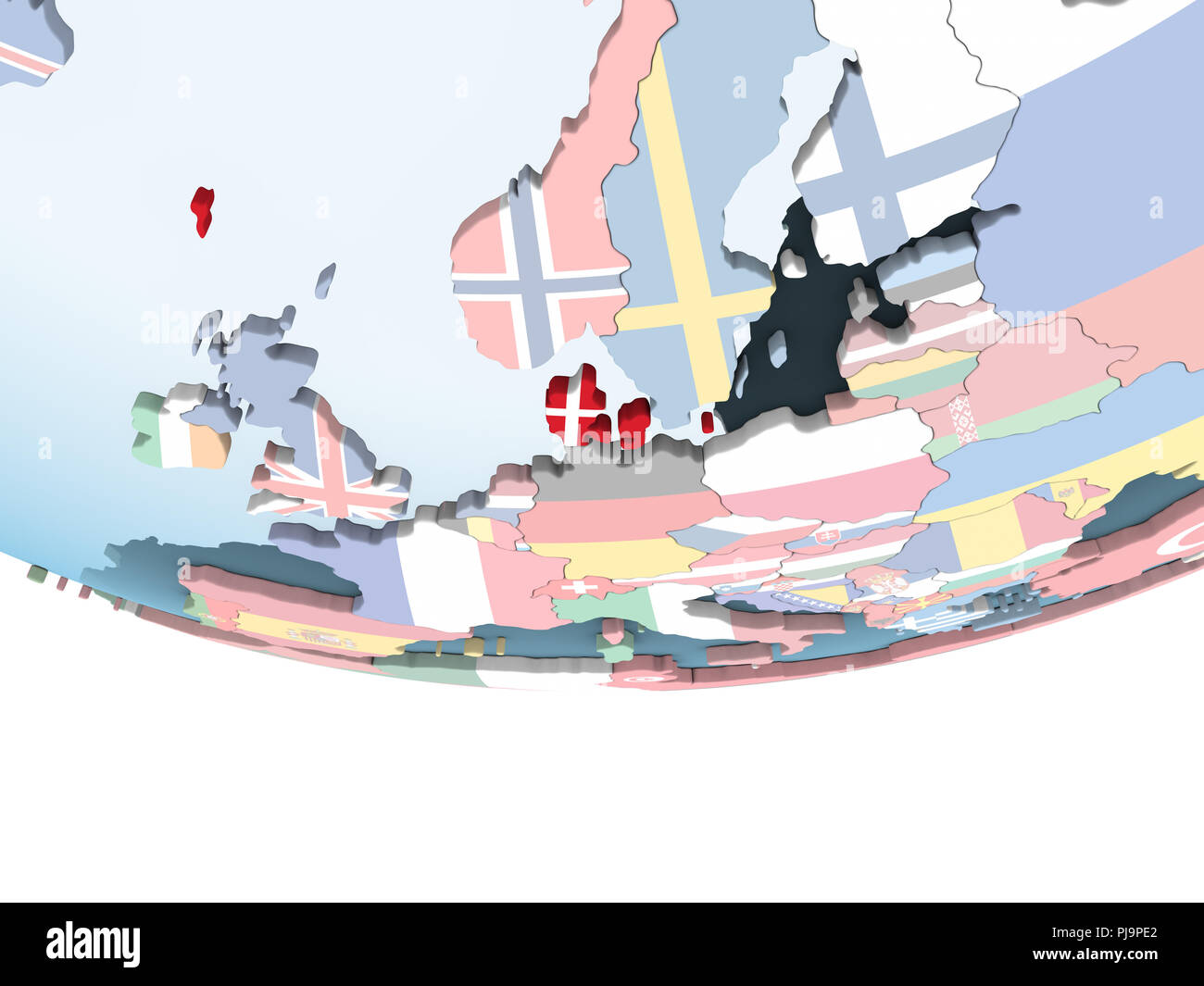Denmark on bright political globe with embedded flag. 3D illustration ...