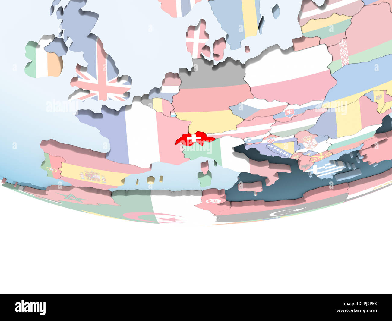 Switzerland on bright political globe with embedded flag. 3D ...