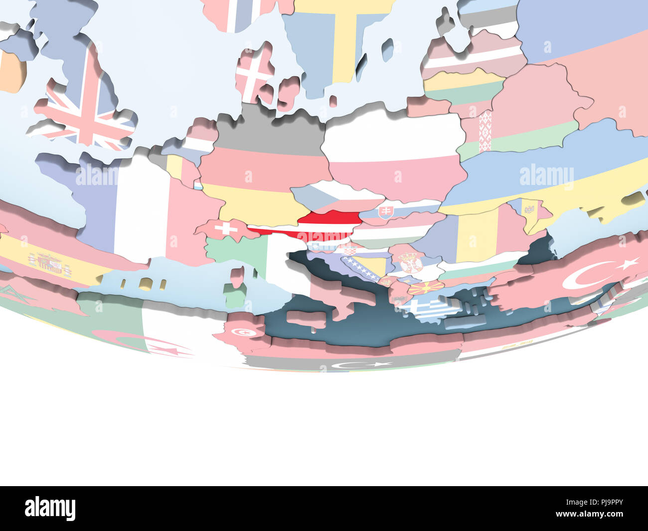 Austria on bright political globe with embedded flag. 3D illustration ...