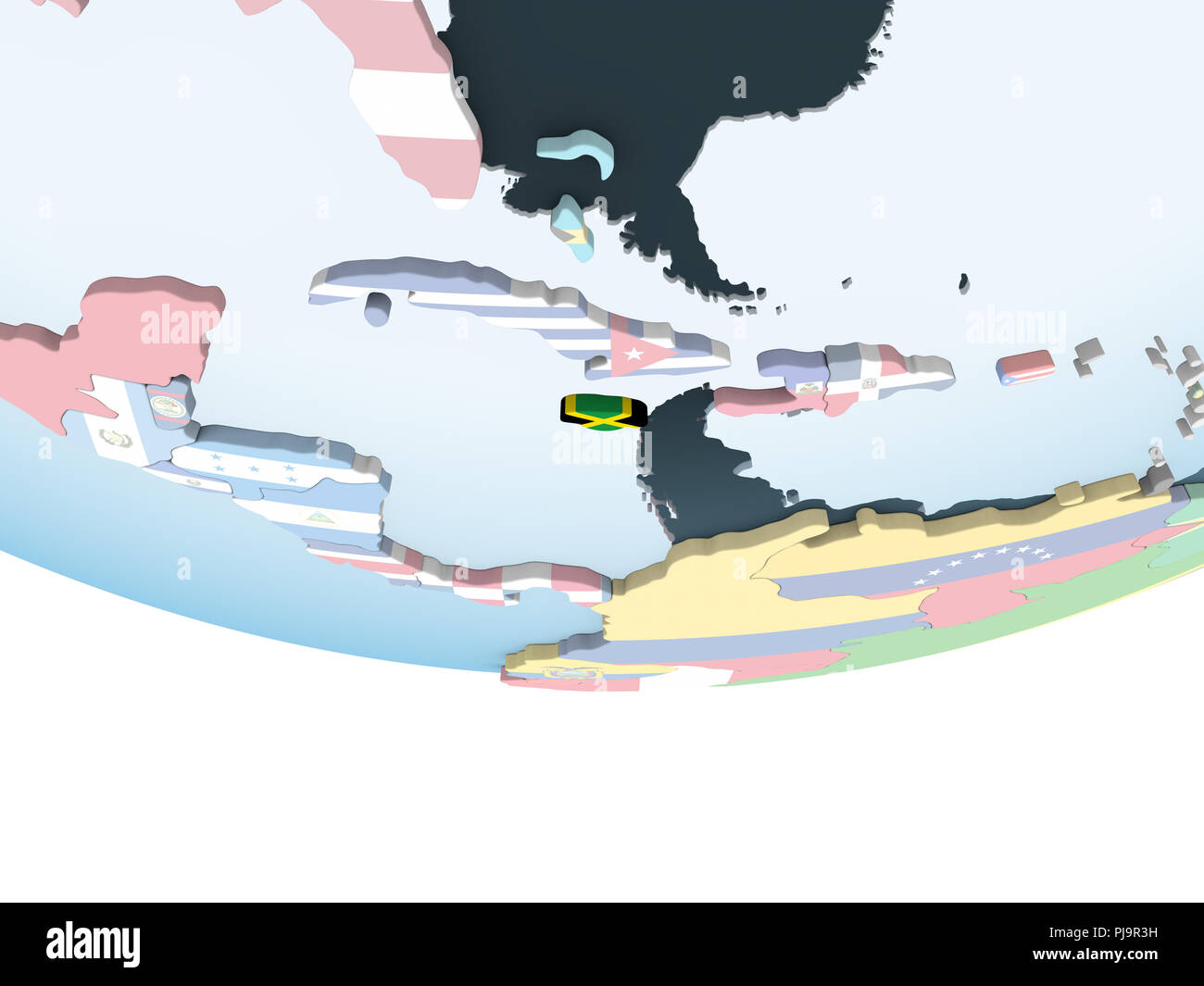 Jamaica on bright political globe with embedded flag. 3D illustration ...