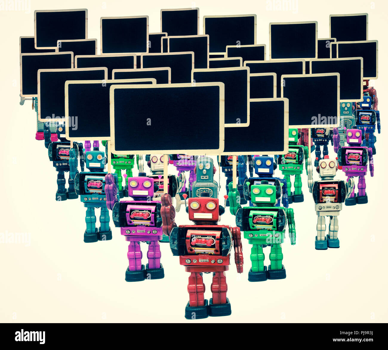 a large group of  robot protesters isolated Stock Photo
