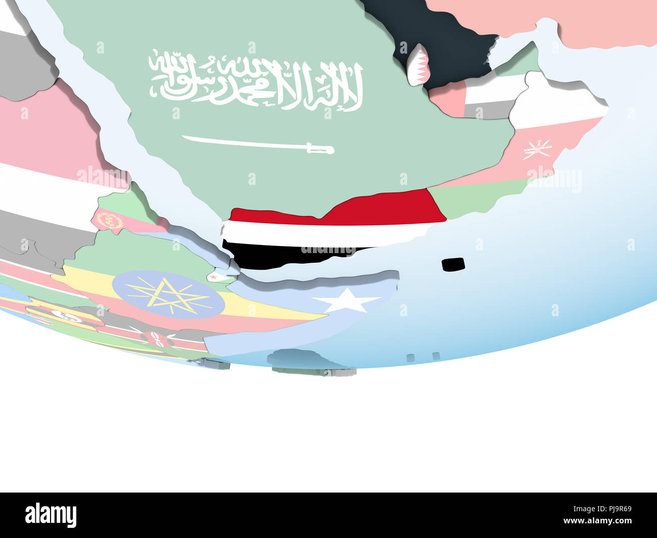 Yemen on bright political globe with embedded flag. 3D illustration ...