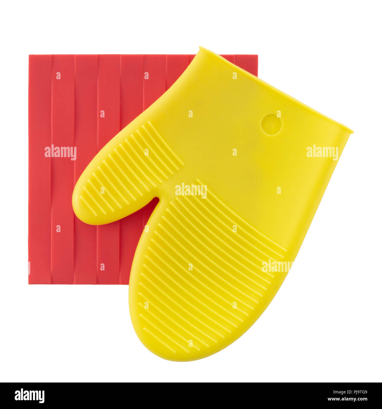 Silicon, silicone pot holders, red and yellow, isolated on white background. Modern kitchenware, square and mitt glove shape. Stock Photo
