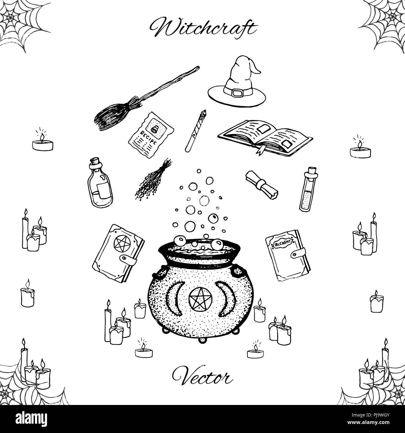 Hand drawn vector witchcraft set isolated on white background. Includes