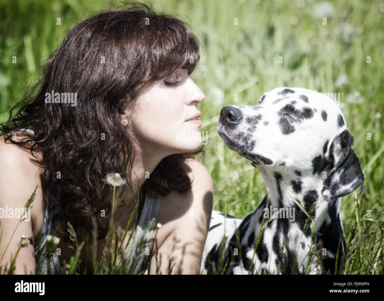 Pretty beautiful woman with long dark hair with cute dalmatian dog Stock Photo