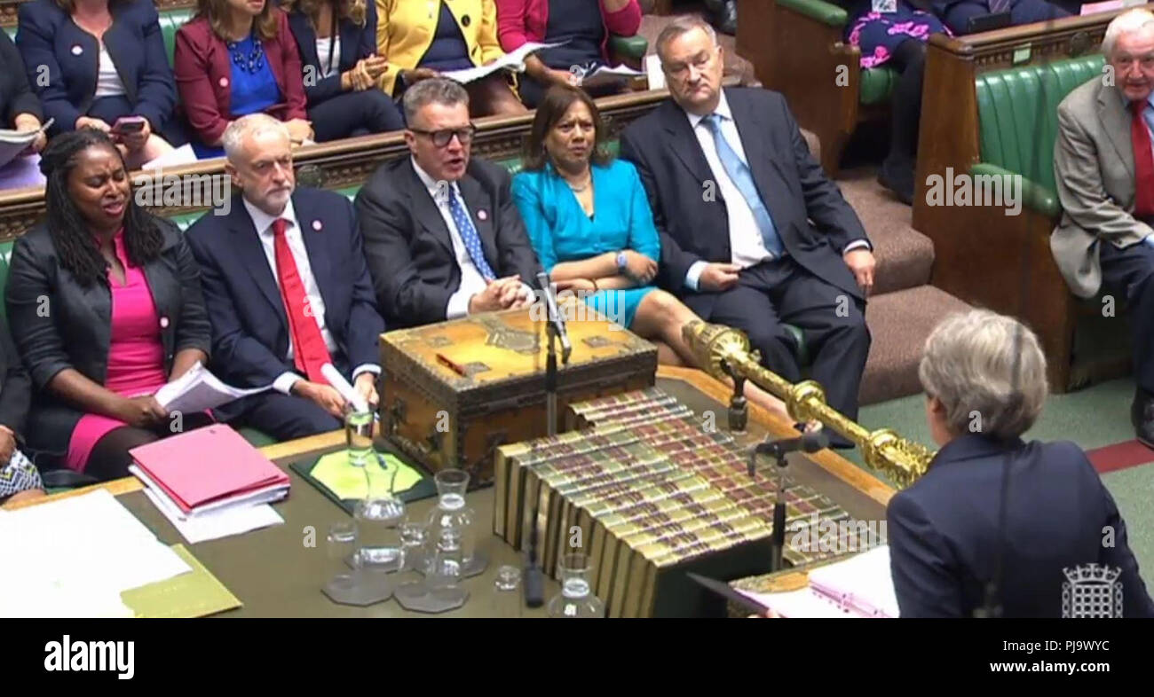 Labour's front bench listens as Prime Minister Theresa May speaks during Prime Minister's Questions in the House of Commons, London. Stock Photo