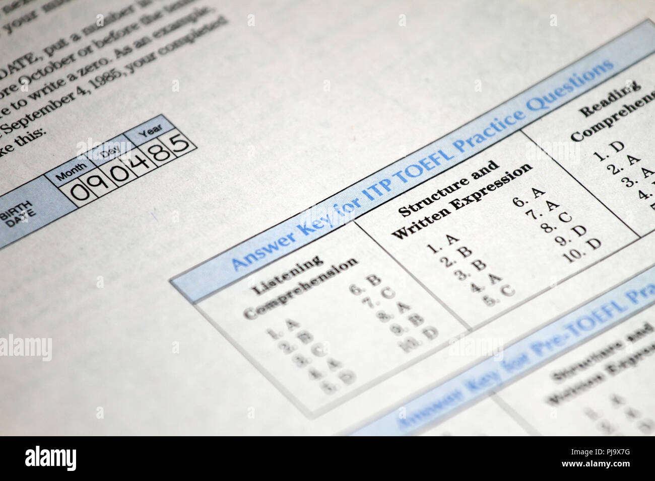 TEST. English test choose the right answer. English grammar test sheet. Multiple choice test. Exam for students in school, college and university. USA Stock Photo