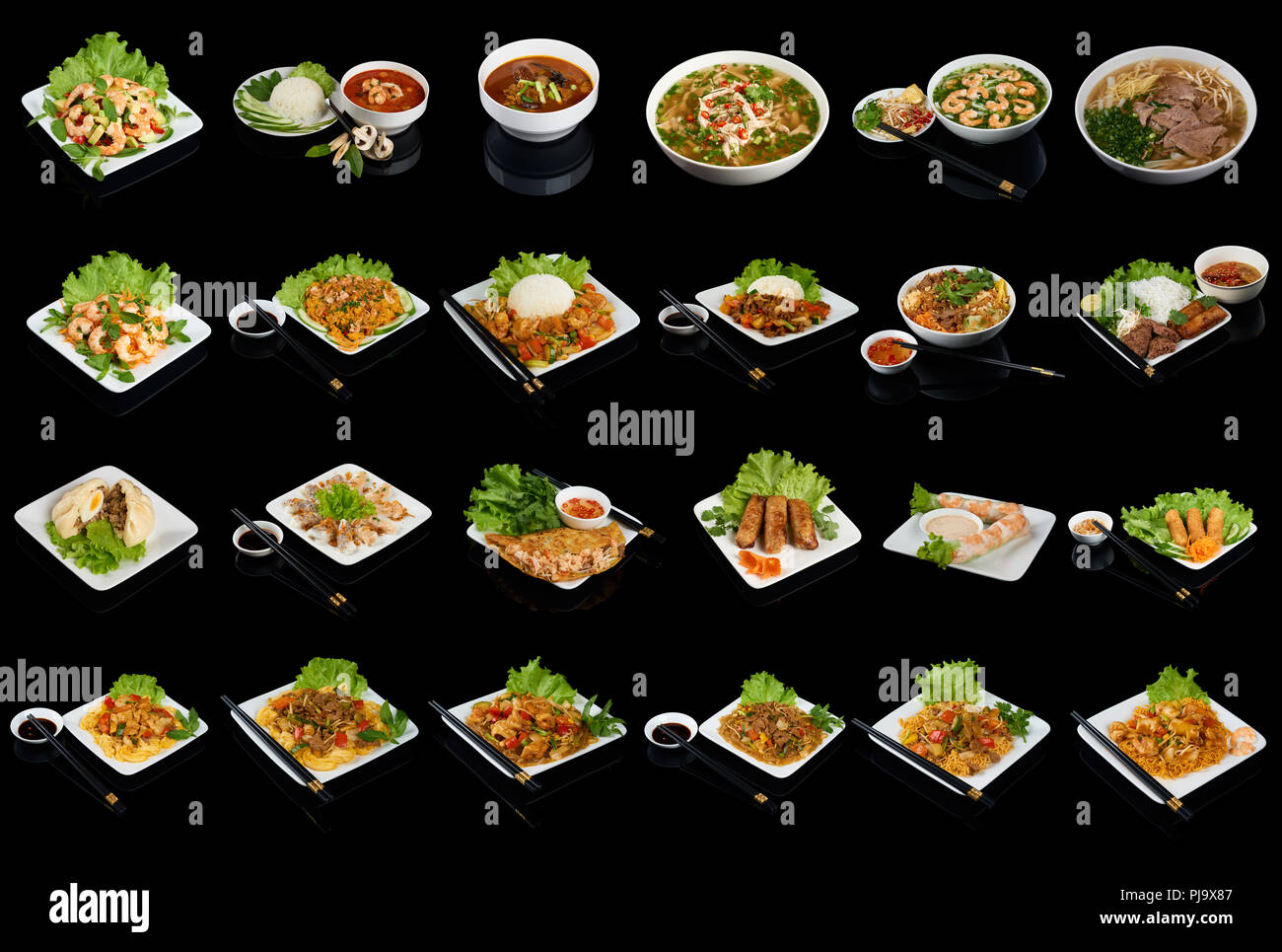 Variety of dishes of vietnamese cuisine on black background Stock Photo