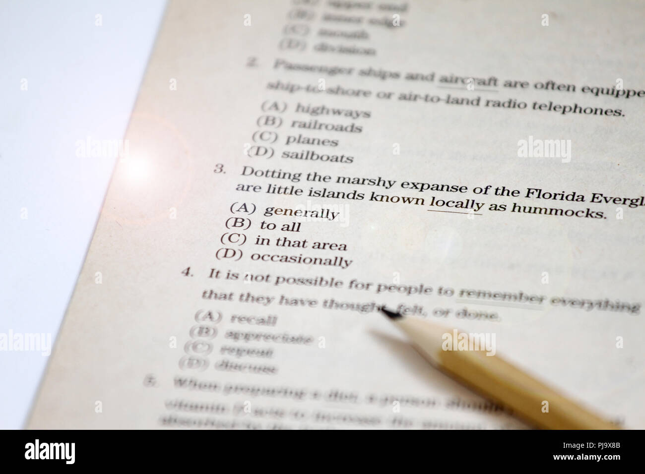 TEST. English test choose the right answer. English grammar test sheet. Multiple choice test. Exam for students in school, college and university. USA Stock Photo