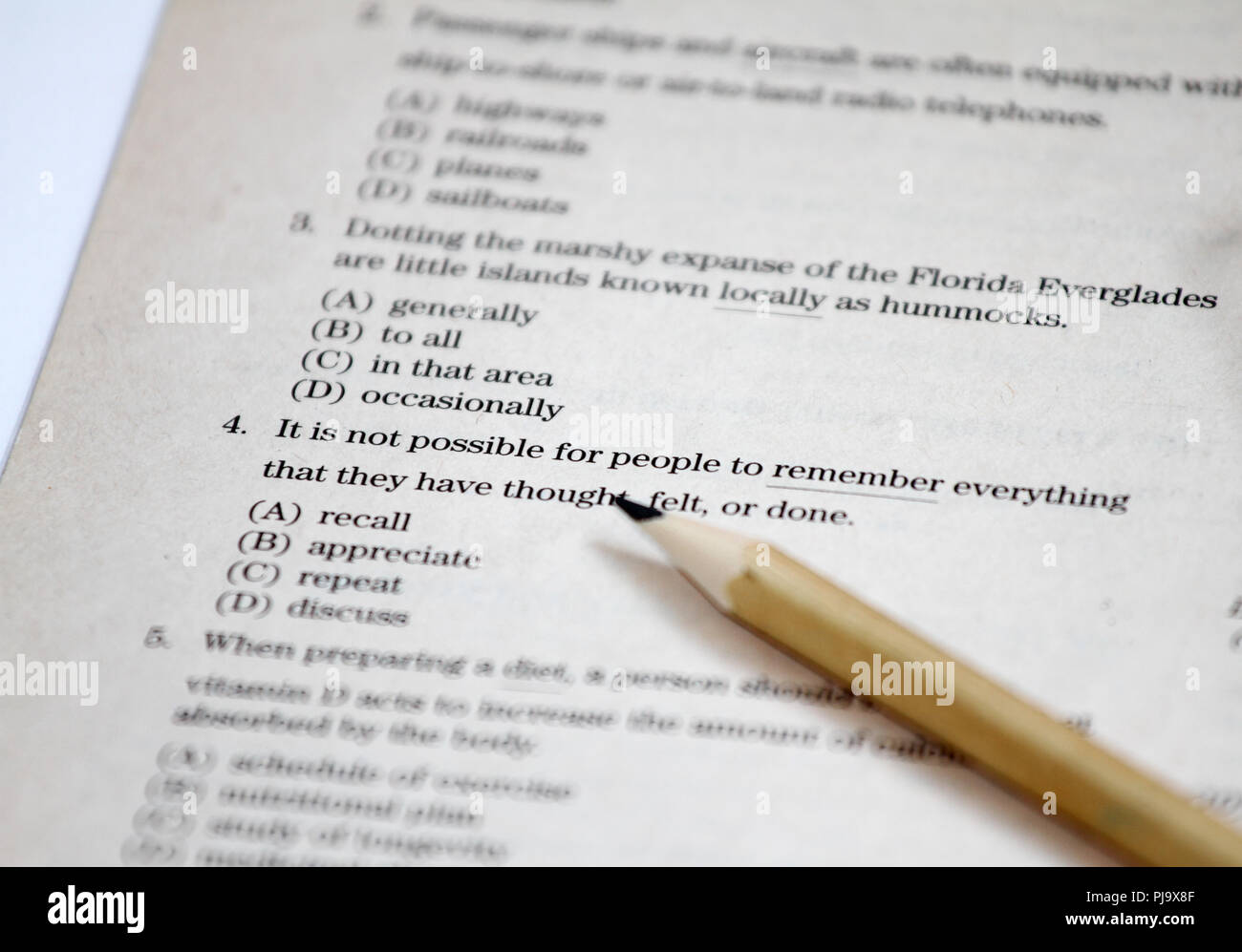 TEST. English test choose the right answer. English grammar test sheet. Multiple choice test. Exam for students in school, college and university. USA Stock Photo