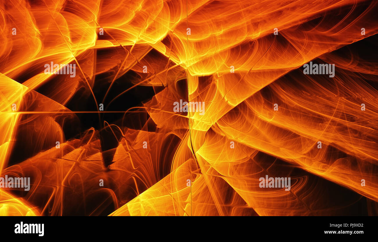 Beautiful orange background of glowing particles and lines with depth ...