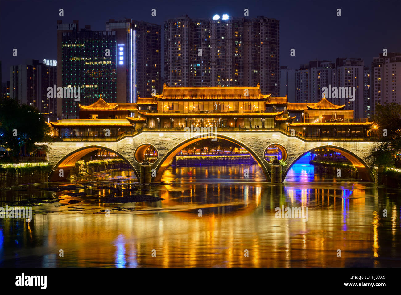 Anshun bridge at night, Chengdu, China Stock Photo