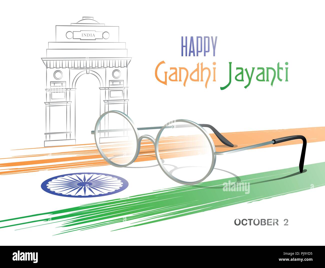 October 2. Happy Gandhi Jayanti. Abstract colors of the Indian flag with Ashoka Chakra, eyeglasses and sketch of the India Gate. Vector illustration. Stock Vector