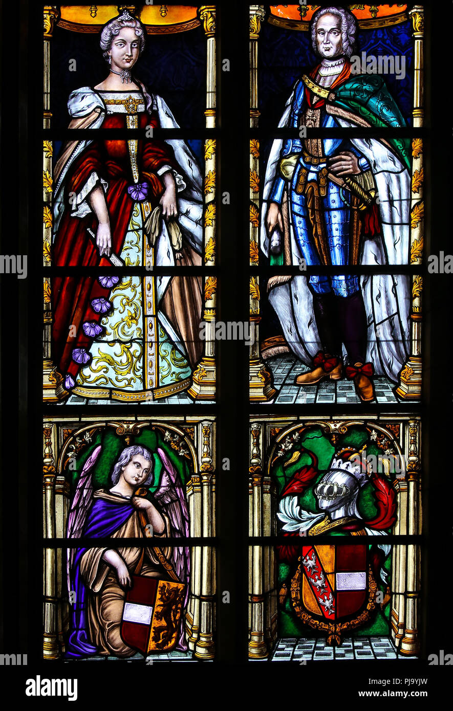 Stained Glass in the Basilica of the Holy Blood in Bruges, Belgium, depicting Maria Theresa, ruler of the Habsburg dominions including the Spanish Net Stock Photo
