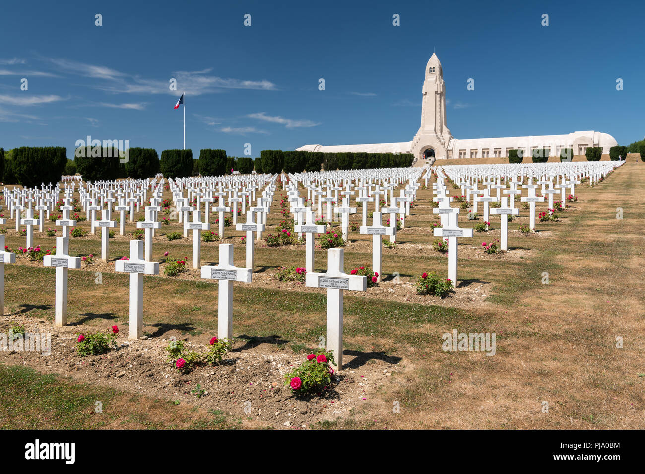Cemetery outside of the Douaumont ossuary near Verdun France. Memorial of the soldiers who died on the battlefield during the Battle of Verdun in Worl Stock Photo