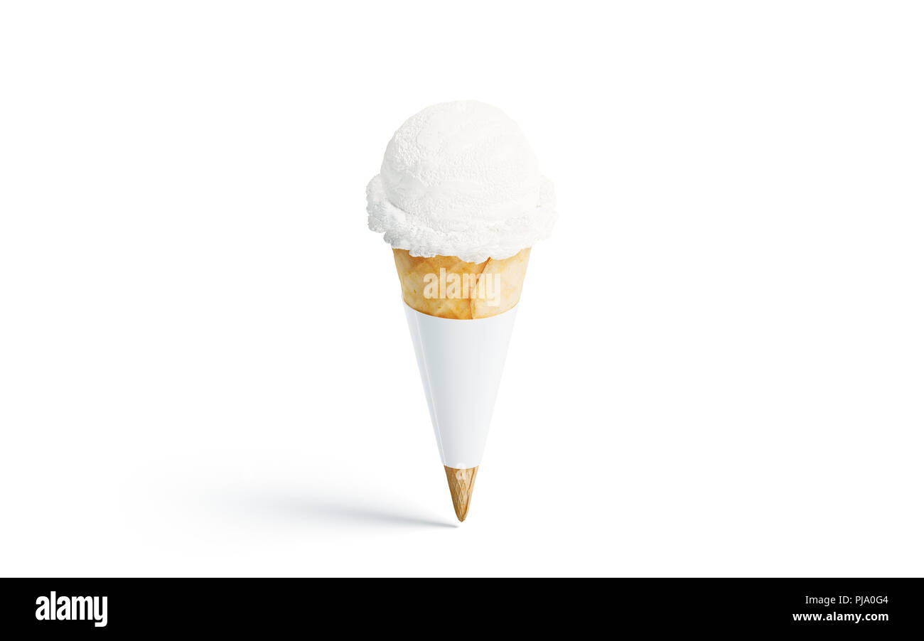 Blank white ice cream cone mockup, front view, 3d rendering. Empty creamy gelato pack mock up, isolated. Clear wafle cornet wrap template. Icecream packaging label design. Stock Photo