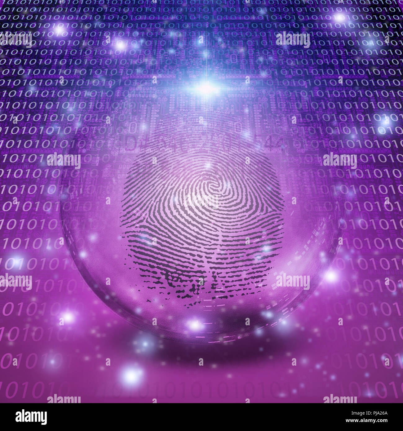 Fingerprint inside crystal ball and binary code Stock Photo